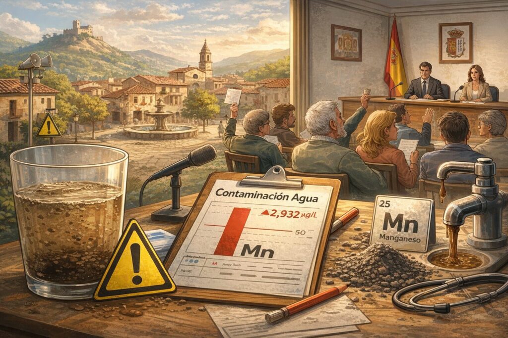Ilustración sobre la contaminación por manganeso en el agua potable de Alpartir y el debate político sobre la gestión y la transparencia municipal